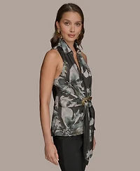 Donna Karan New York Women's Printed Sleeveless Faux-Wrap Hardware Top