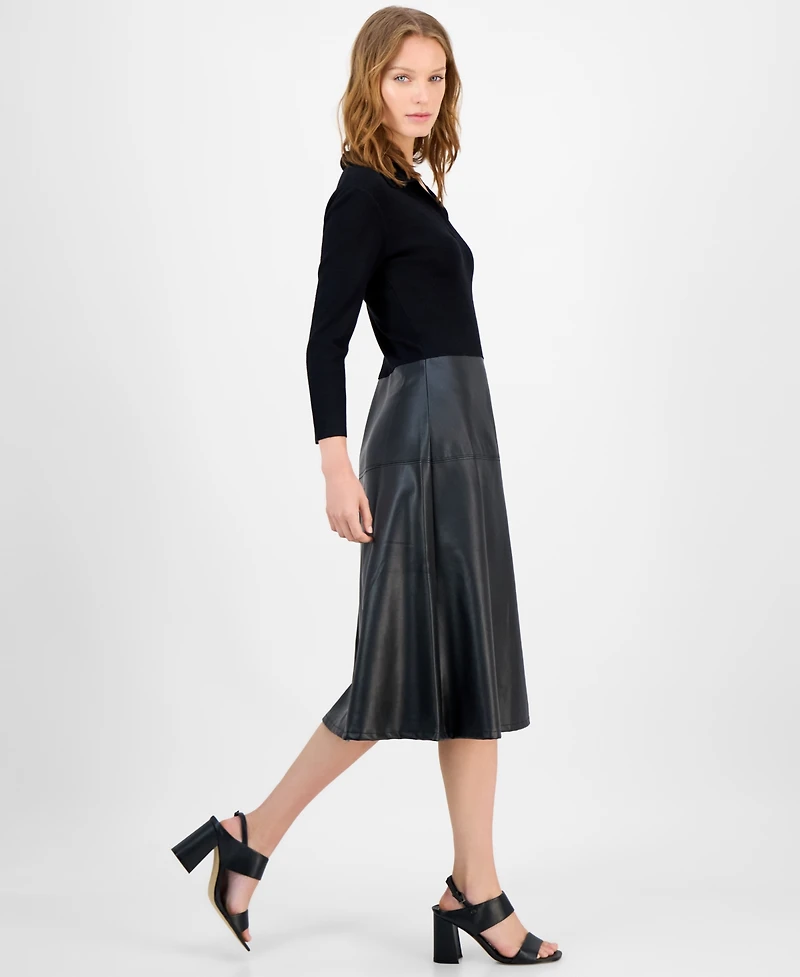 T Tahari Women's Mixed-Media Fit and Flare Dress