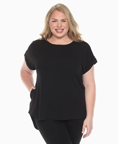 White Mark Plus Folded Short Sleeve Solid Top