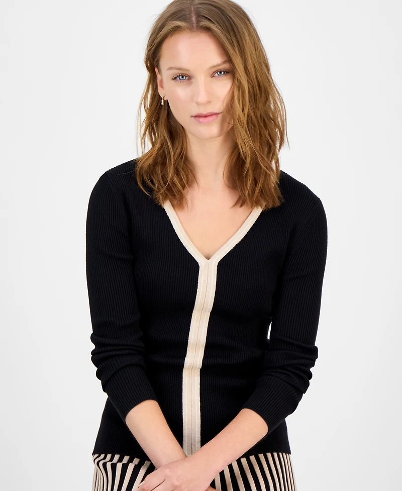 T Tahari Women's Contrast-Trim Knit Top