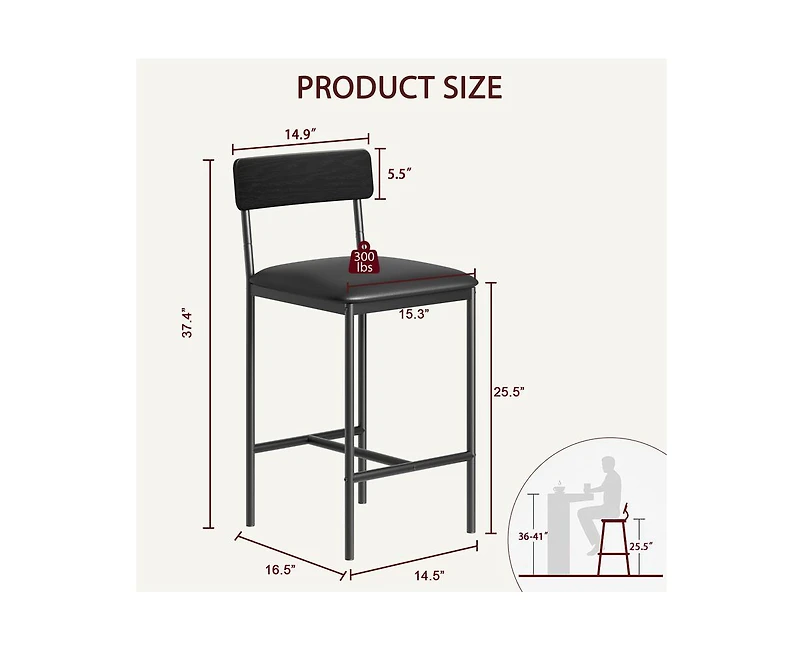 Bar Stools Set of 2, Barstool Set of 2, 25.5 Inches Upholstered Bar Chairs for 2, Counter Height Bar Stools Set for Island, Counter Bar, Retro Black