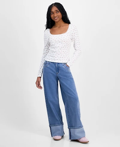 Madden Girl Juniors' High-Rise Cuffed Bow-Embroidery Jeans