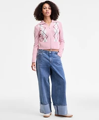 Madden Girl Juniors' High-Rise Cuffed Bow-Embroidery Jeans