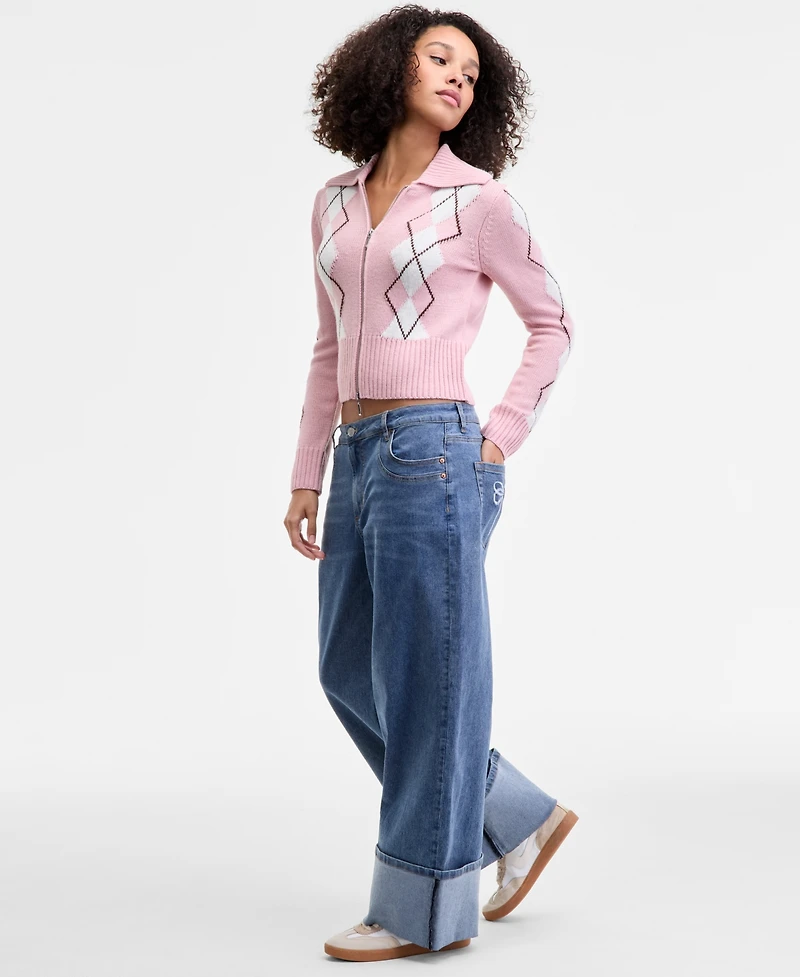 Madden Girl Juniors' High-Rise Cuffed Bow-Embroidery Jeans