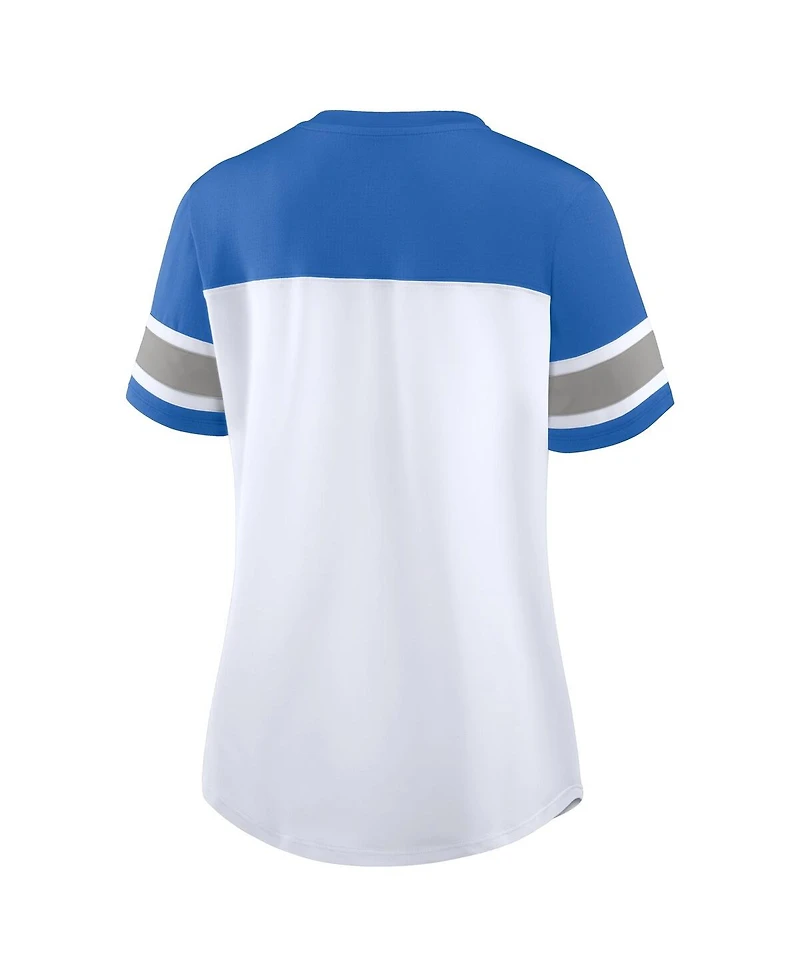 Fanatics Women's White/Blue Detroit Lions Athena Rhinestone Lace-Up V-Neck T-Shirt