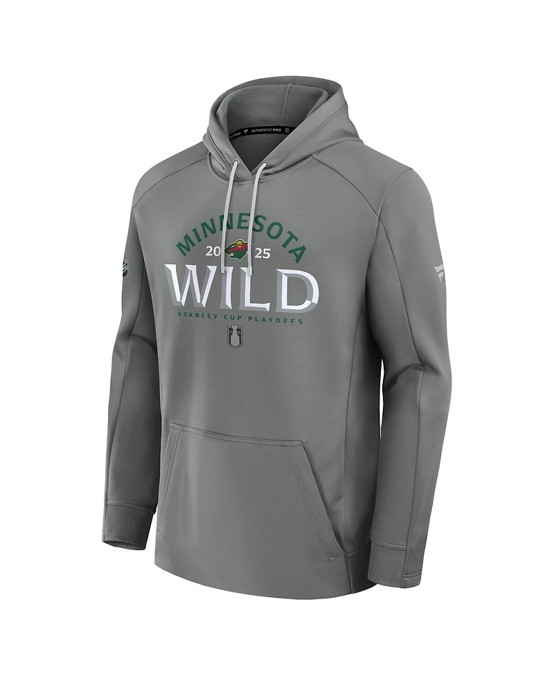 Fanatics Men's Gray Minnesota Wild 2025 Stanley Cup Playoffs Authentic Pro Rink Fly Fleece Pullover Hoodie