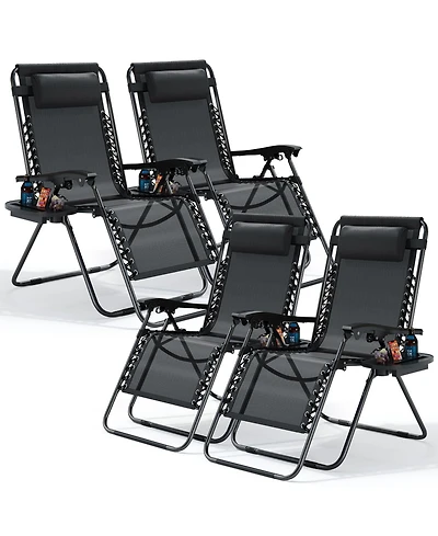 Outdoor Patio Zero Gravity Chairs Set of 4 - Reclining Lounge with Pillows & Cup Holders