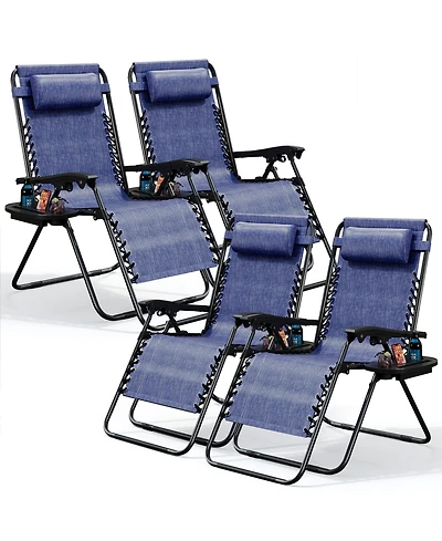 Outdoor Patio Zero Gravity Chairs Set of 4 - Reclining Lounge with Pillows & Cup Holders
