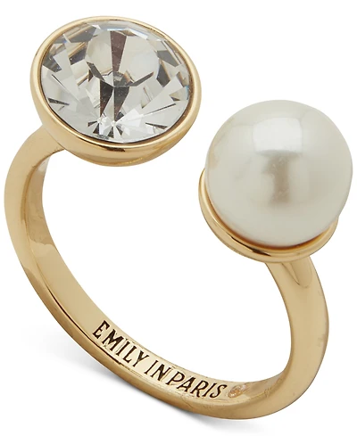 Emily in Paris Gold-Tone Crystal & Imitation Pearl Open Ring