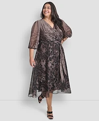 Dkny Plus Ombre Printed Balloon-Sleeve Faux-Wrap Dress
