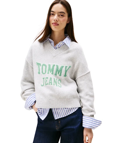 Tommy Jeans Women's Varsity V-Neck Long-Sleeve Logo Sweater
