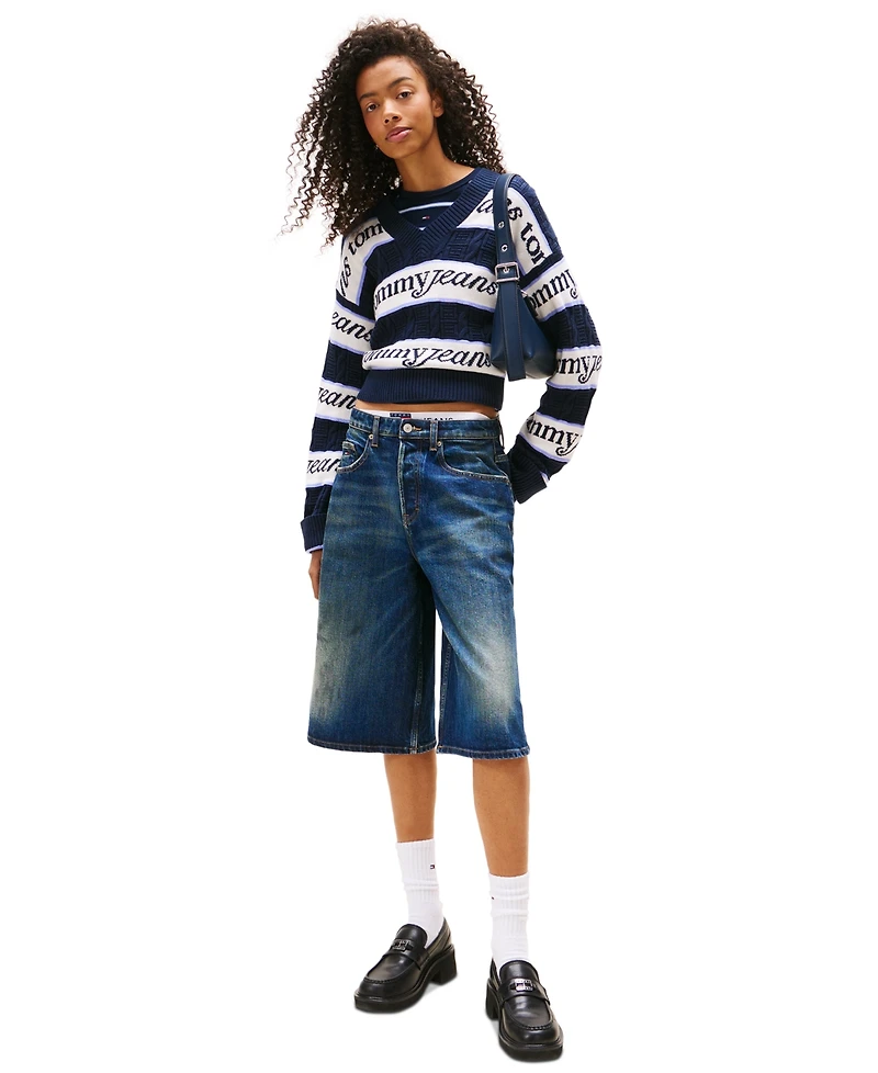 Tommy Jeans Women's V-Neck Stripe Logo Cotton Sweater