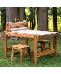Guidecraft Acadia Outdoor Art Table and Stool Set: Acacia Wood Arts & Crafts Table w/ Storage Paper Roll & Paint Cups Multi Purpose Kids Picnic Table