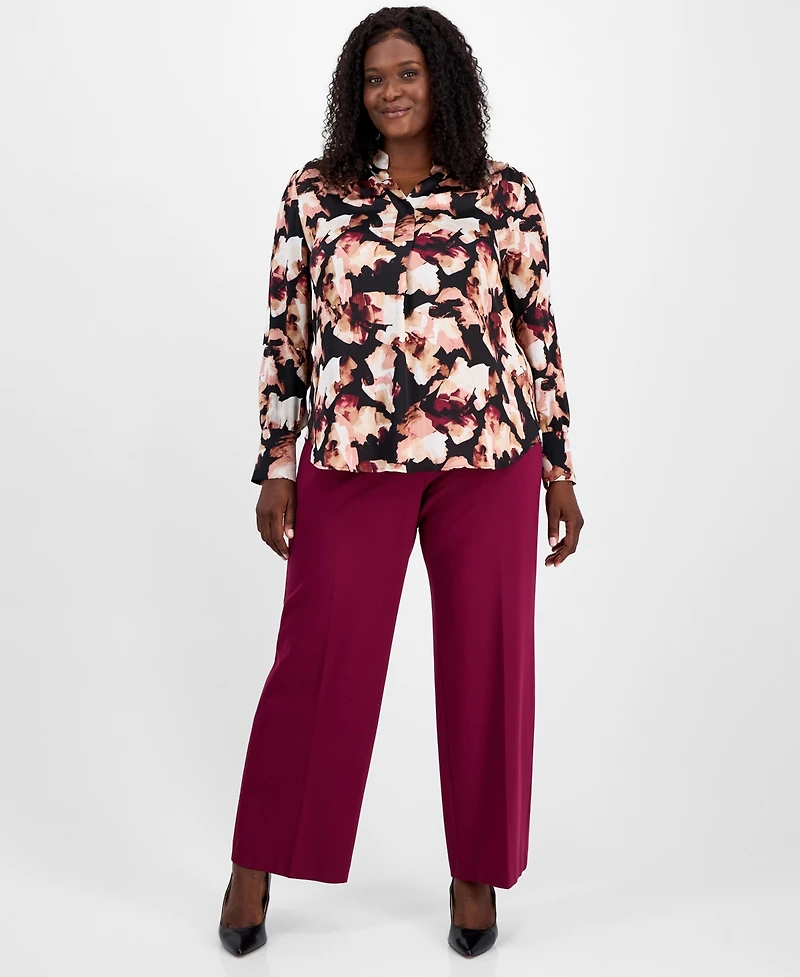 Anne Klein Plus Printed V-Neck Pleat-Front Blouse