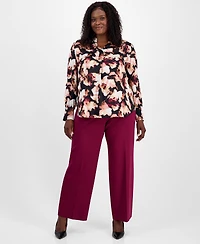 Anne Klein Plus Printed V-Neck Pleat-Front Blouse