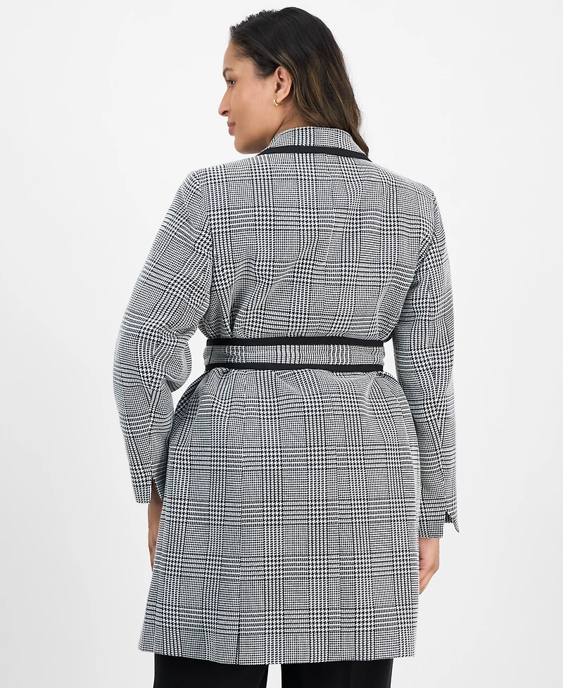 Le Suit Plus Framed Plaid Belted Wide-Leg Pantsuit