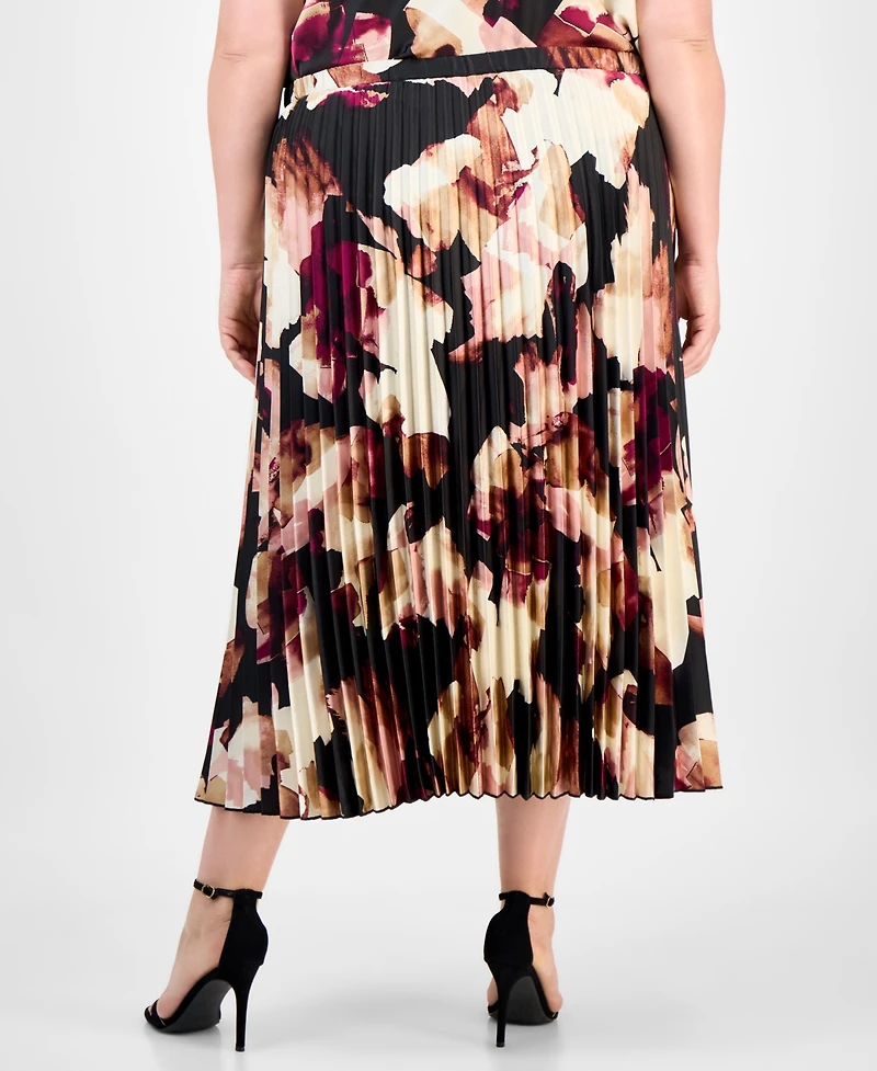 Anne Klein Plus Pleated Abstract-Print Pull-On Midi Skirt
