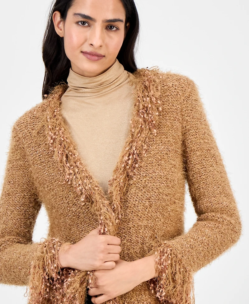 Anne Klein Women's Collarless Open-Front Fringe-Trim Cardigan