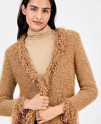 Anne Klein Women's Collarless Open-Front Fringe-Trim Cardigan