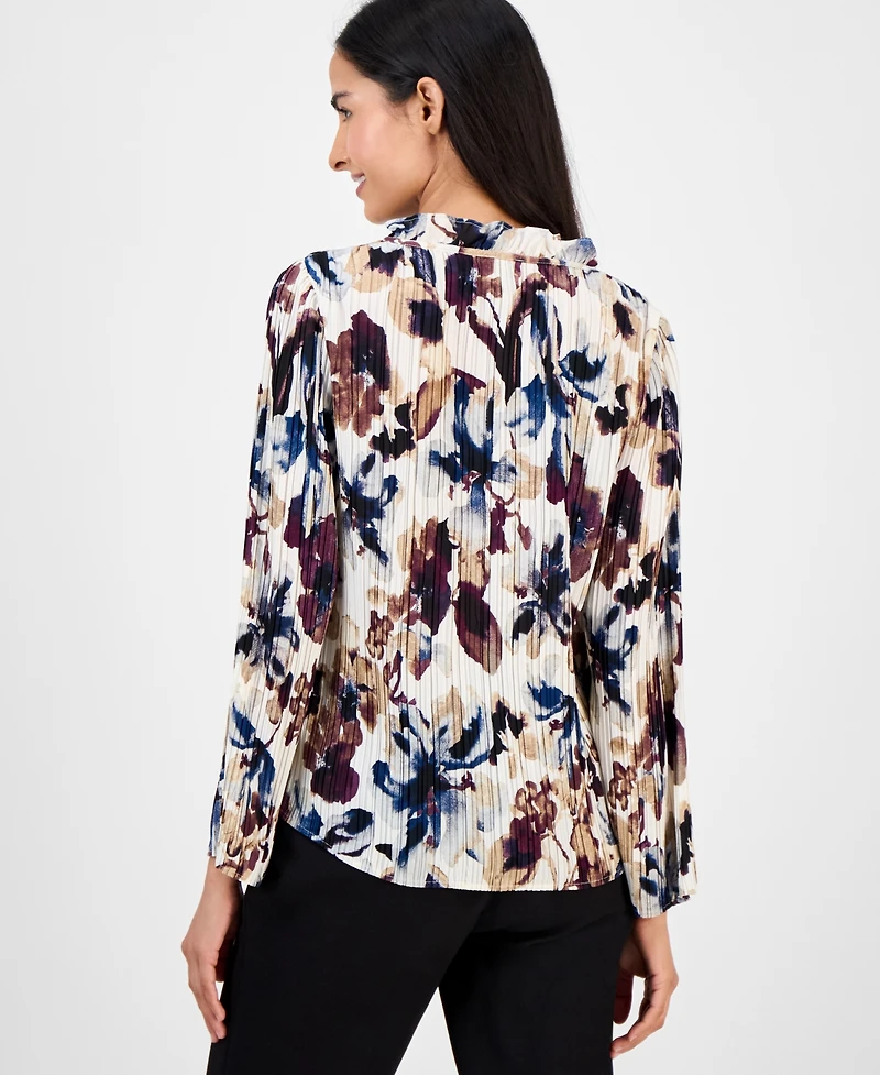 Anne Klein Women's Printed Pleated Split-Neck Blouse