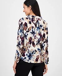 Anne Klein Women's Printed Pleated Split-Neck Blouse