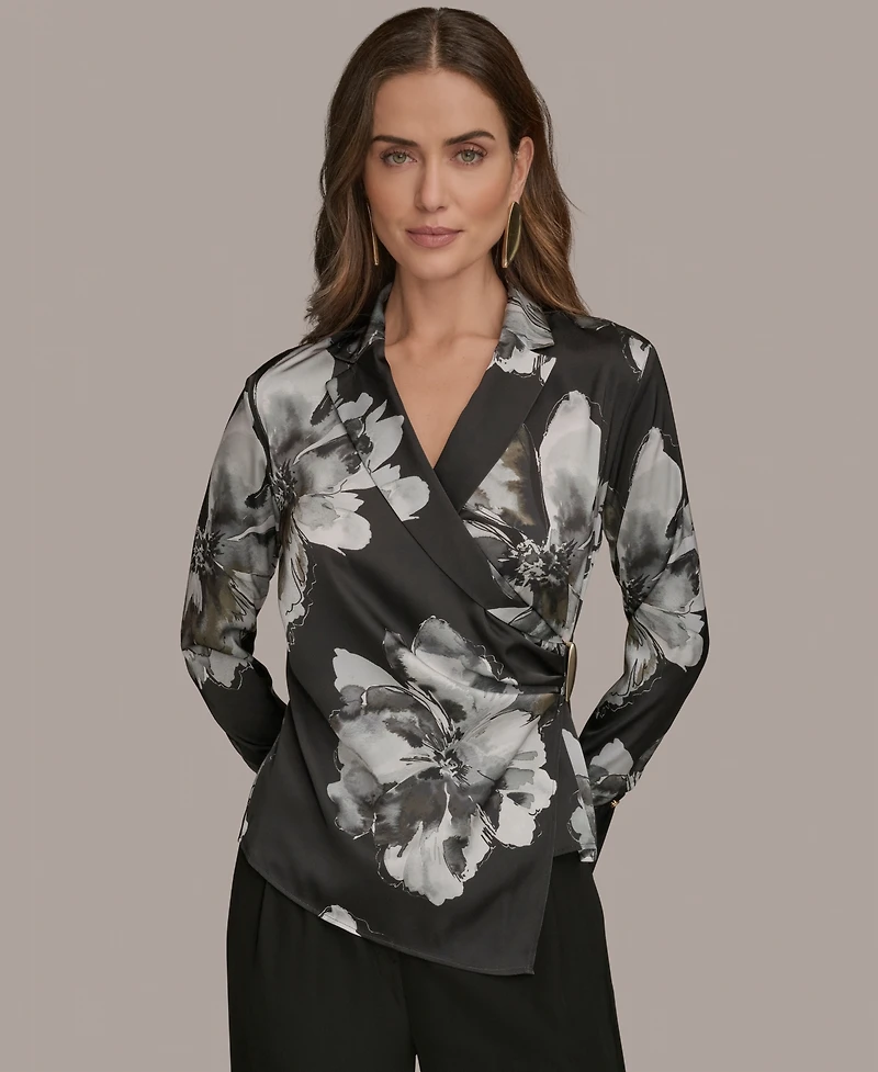 Donna Karan New York Women's Long-Sleeve Printed Shawl-Collar Blouse