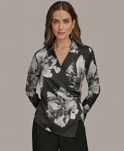 Donna Karan New York Women's Long-Sleeve Printed Shawl-Collar Blouse