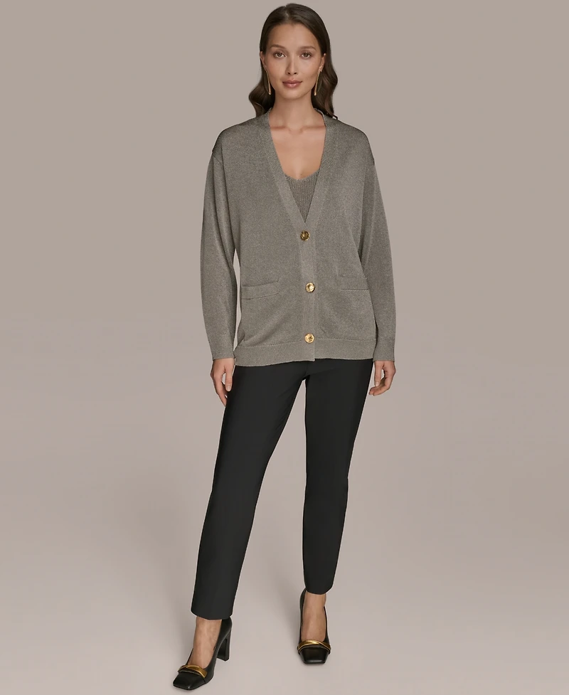 Donna Karan New York Women's Long-Sleeve Metallic Three-Button Cardigan Sweater