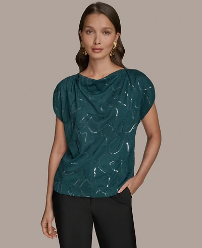 Donna Karan New York Women's Short-Sleeve Embroidered Sequined Top
