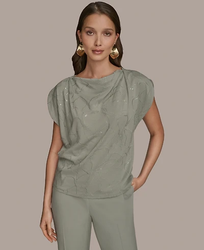 Donna Karan New York Women's Short-Sleeve Embroidered Sequined Top