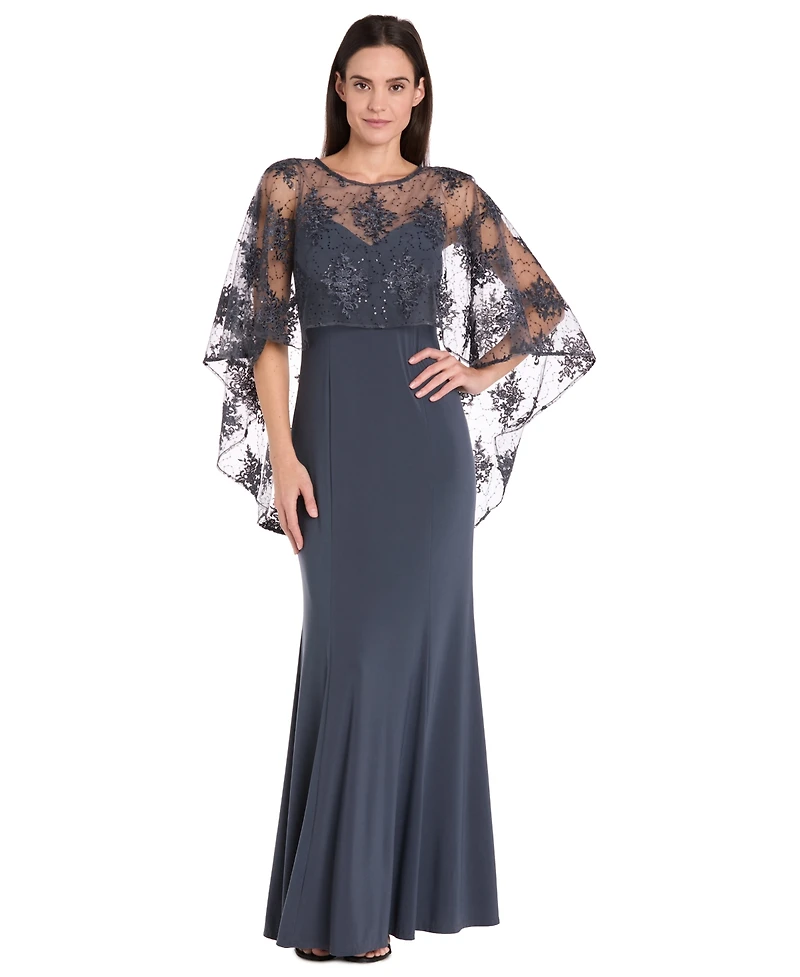 R & M Richards Women's Embellished-Capelet Gown