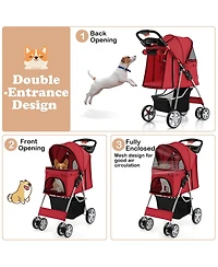 Gymax 4 Wheel Pet Stroller w/ Storage Basket & Tray Adjustable Canopy Pets