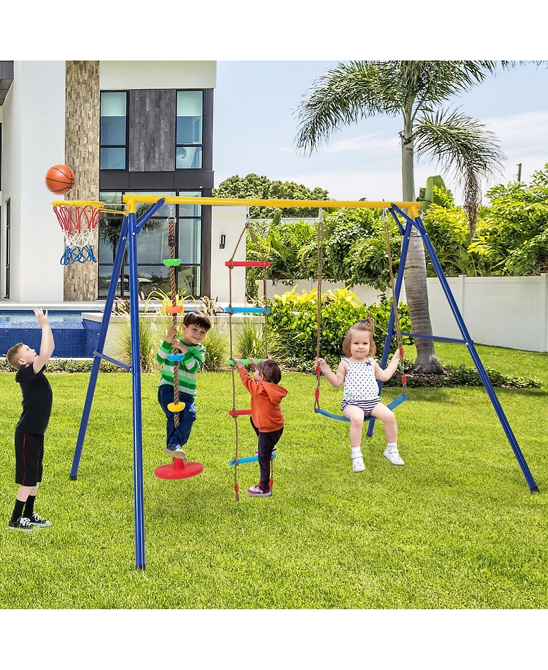 Gymax 4-in-1 Kids Swing Set Carbon Steel Swing Stand w/ Basketball Hoop Climbing Ladder