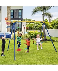 Gymax 4-in-1 Kids Swing Set Carbon Steel Swing Stand w/ Basketball Hoop Climbing Ladder