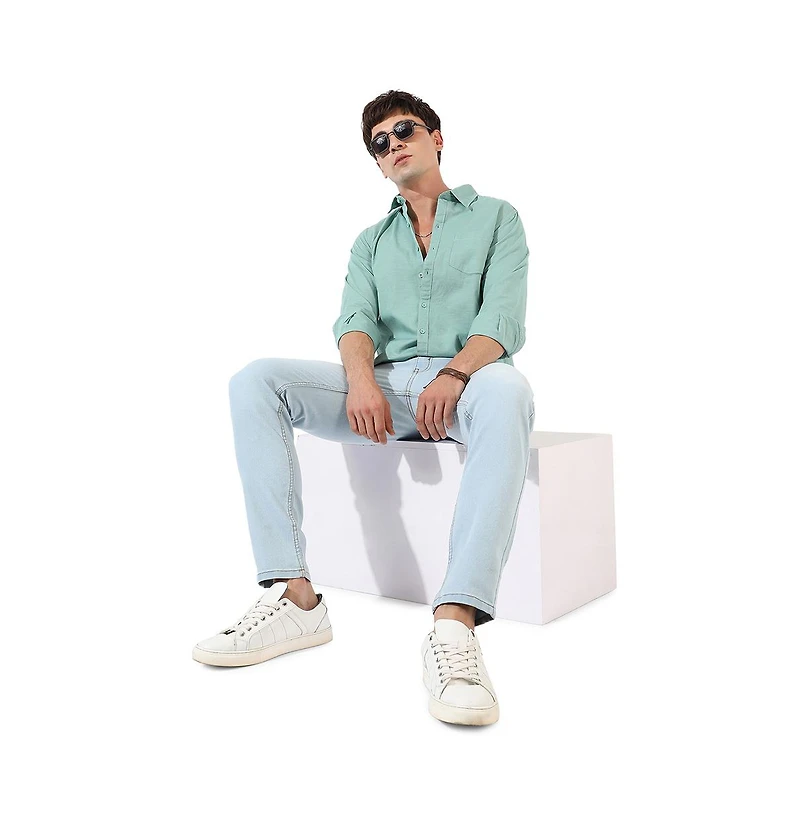 Campus Sutra Men's Solid Aqua Green Regular Fit Casual Shirt