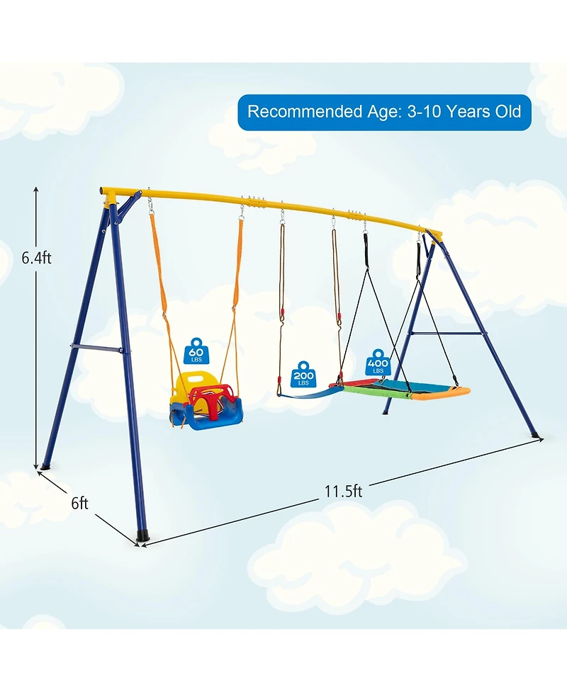 Gymax 3-in-1 Kids Swing Set 660 Lbs Carbon Steel Swing Frame w/ Belt Swing for Toddlers