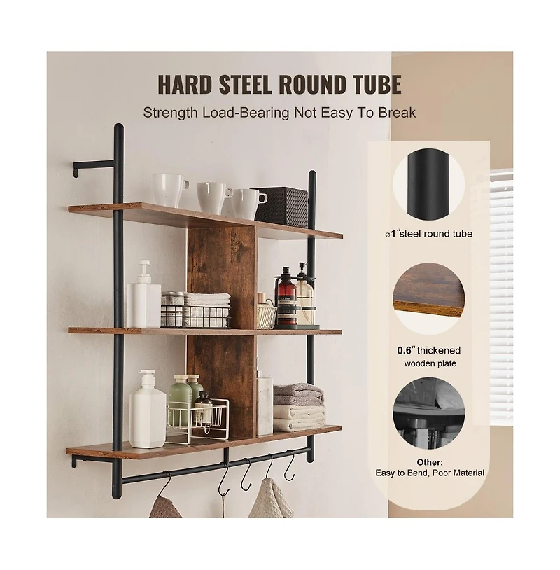 Slickblue Industrial Pipe Shelf 3 Tier Wall-Mount for Kitchen Bedroom