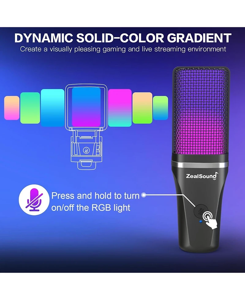 ZealSound Gaming Usb Microphone for Pc,Rgb Condenser Computer Mic w/ Tripod Stand,Gain Control for Gaming,Streaming,Podcasting,Asmr,Cardioid Mic Kit