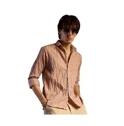 Campus Sutra Men's Salmon Pink Grain-Textured Shirt