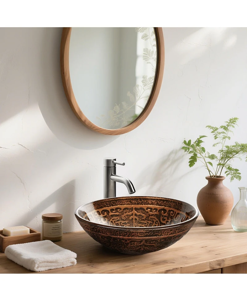 Aquaterior Tempered Glass Vessel Sink Antique Totem with Single Handle Faucet