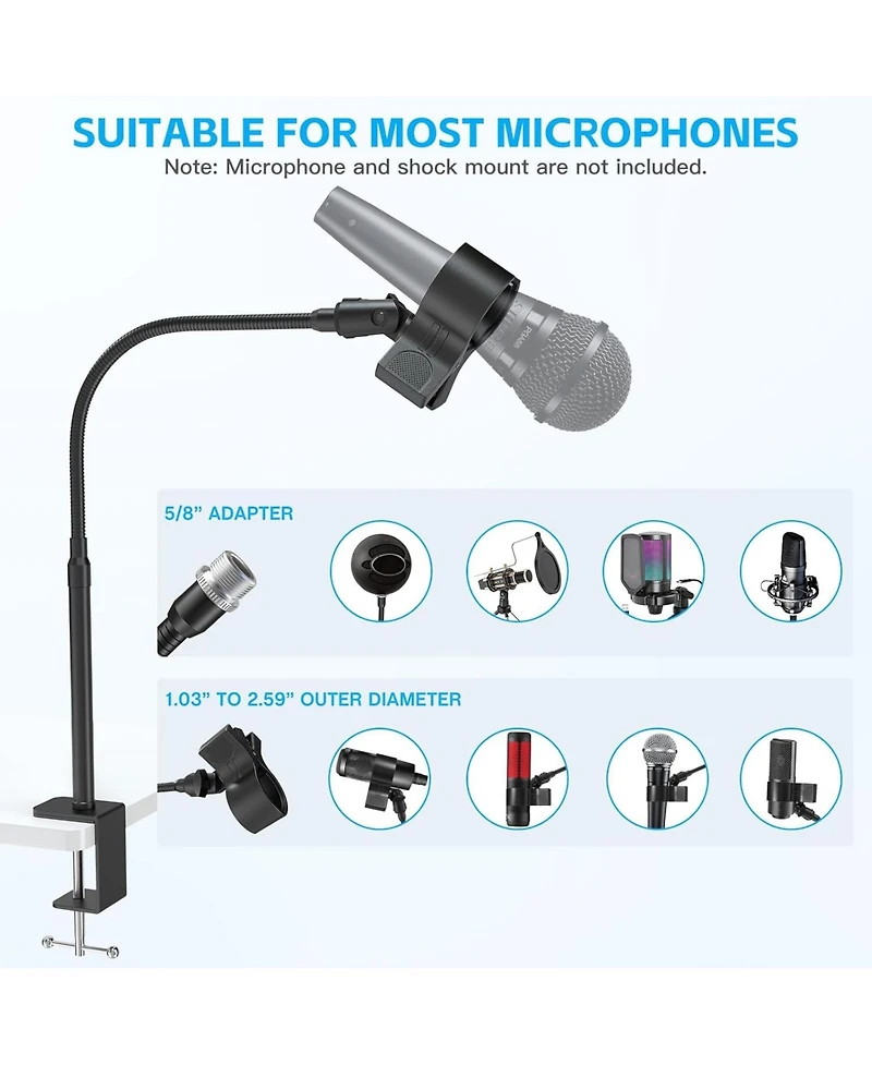 ZealSound 19-inch Microphone Stand, Flexible Gooseneck Clip Holder for Mics with 1.03"–2.59" Outer Diameter, 3/8"–5/8" Adapter, for Blue Yeti
