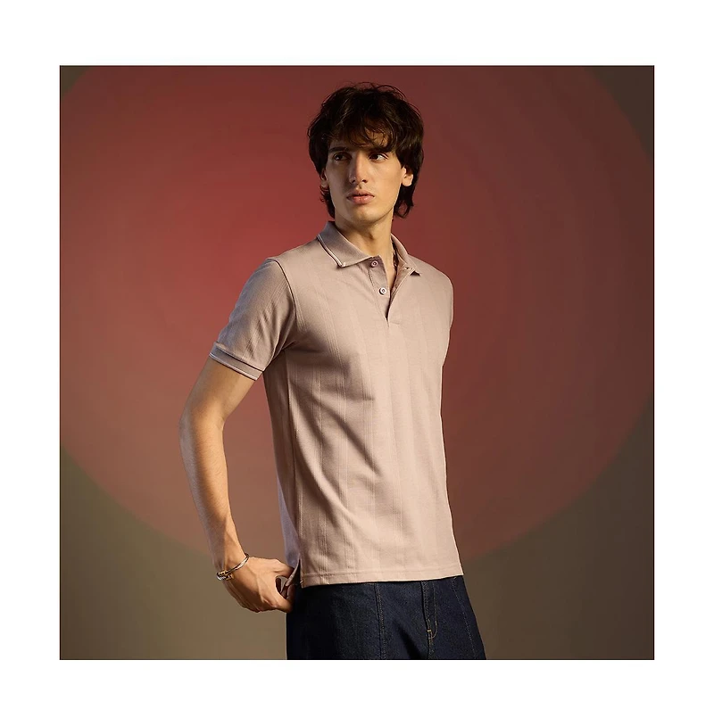 Campus Sutra Men's Blush Pink Lined-Knit Polo T-Shirt