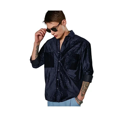 Campus Sutra Men's Navy Blue Cheetah Velvet Oversized Shirt