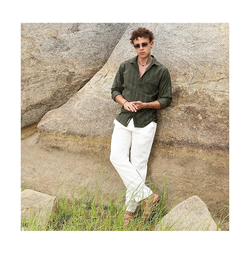 Campus Sutra Men's Fern Green Multitrack-Striped Shirt