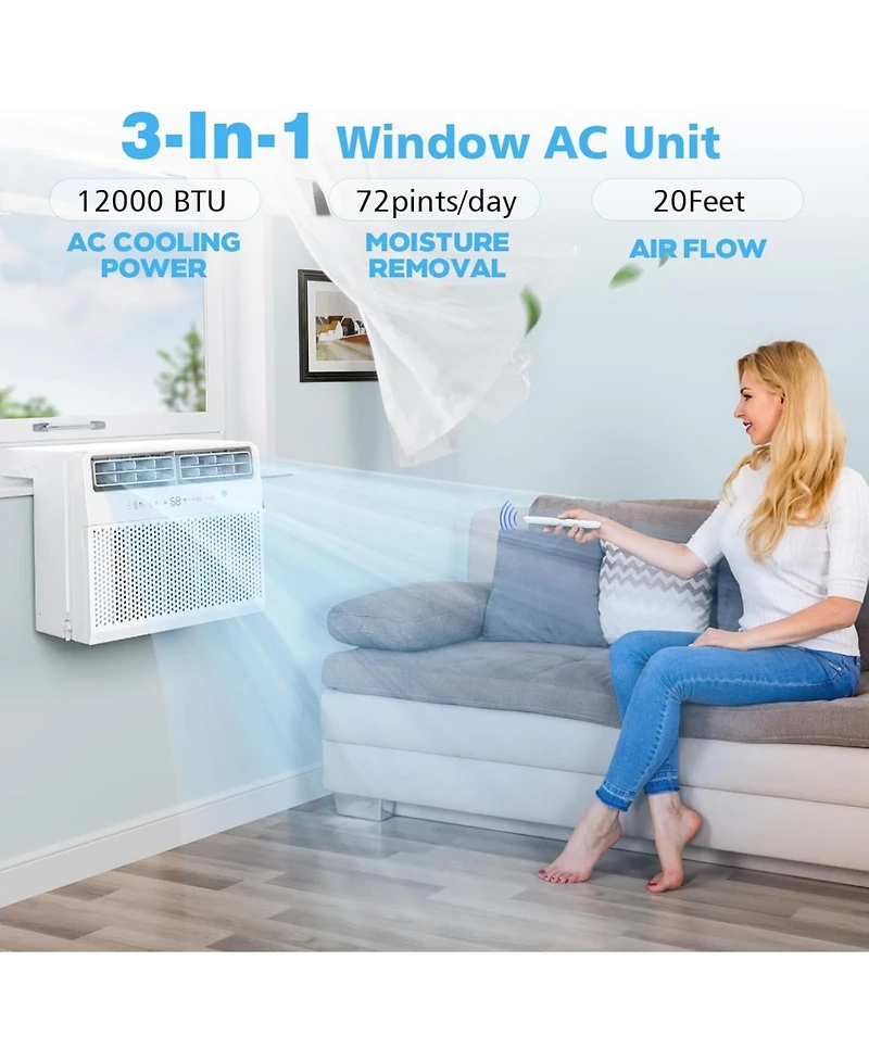 Zafro 12,000 Btu Window Ac Quiet Energy Efficient Cools up to 550 SqFt 6 in 1 Modes 3 Fan Speeds Remote Control Touch Panel for Home or Office