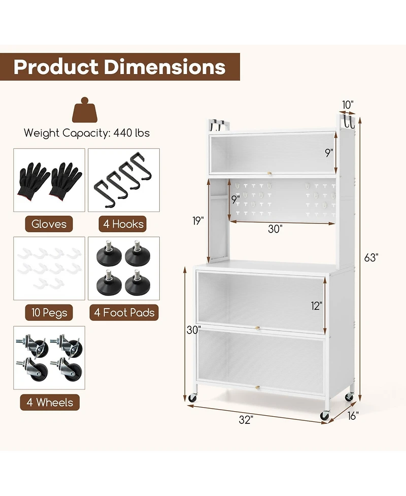 Slickblue 5 Tier Kitchen Bakers Rack with Lights Multifunctional Microwave Stand with Flip Door Cabinets