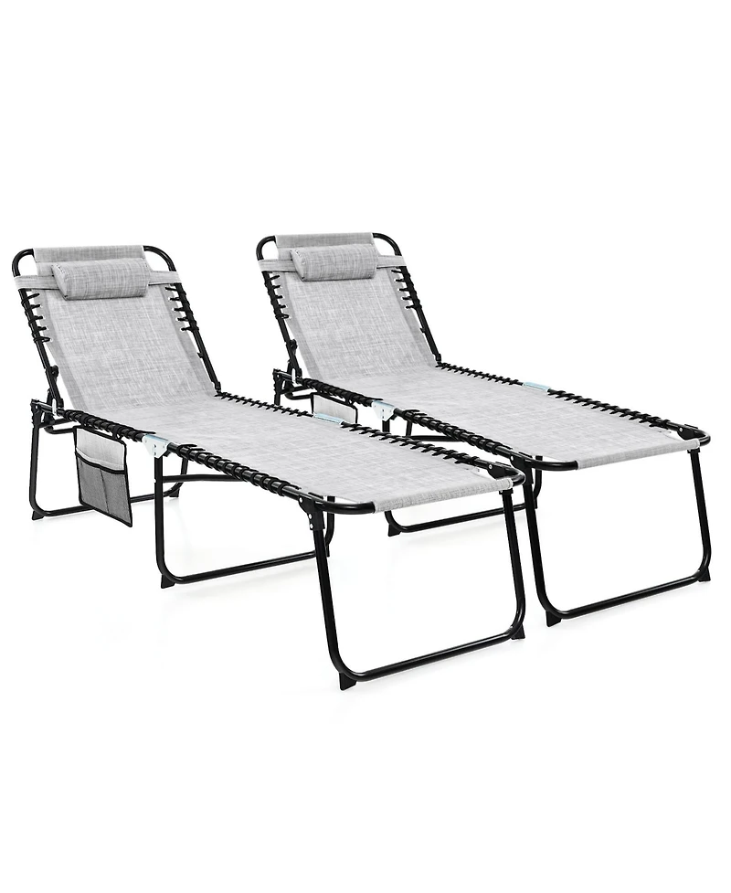 Gymax 2 Pcs Folding Chaise Lounge Portable Lay Flat Reclining Chair w/ 4-Level Backrest Side Pocket