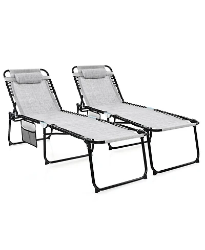 Gymax 2 Pcs Folding Chaise Lounge Portable Lay Flat Reclining Chair w/ 4-Level Backrest Side Pocket