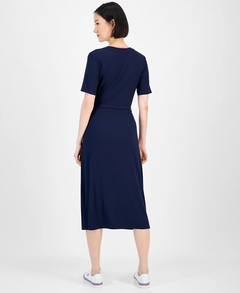 Tommy Hilfiger Women's Ribbed Belted Short-Sleeve Midi Dress