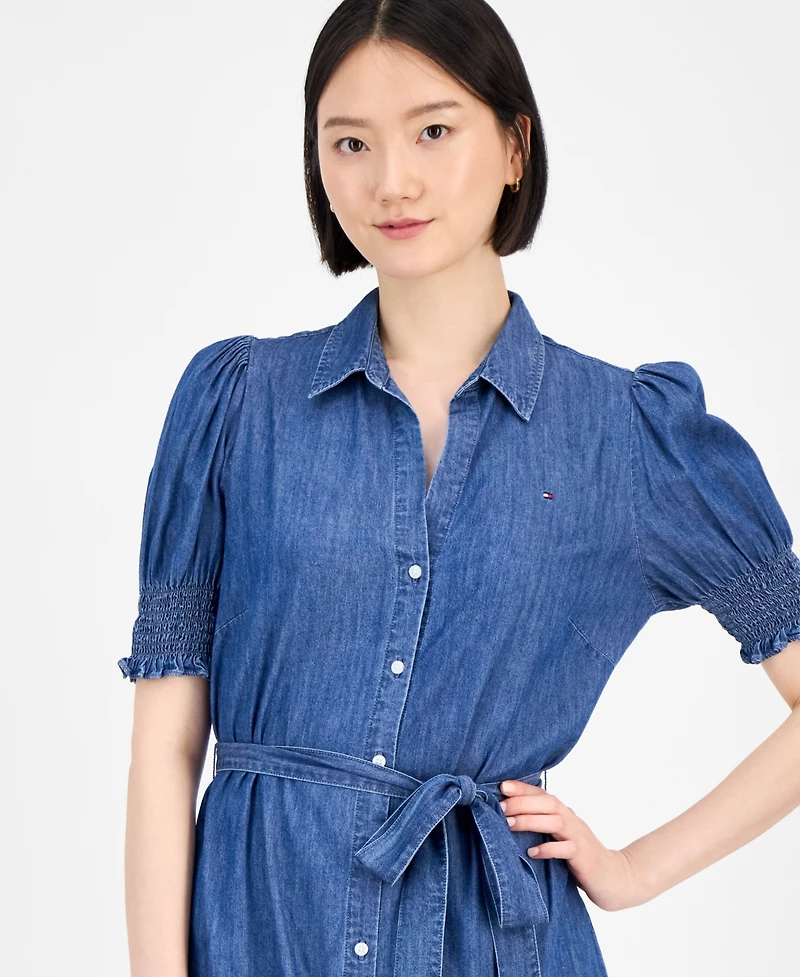 Tommy Hilfiger Women's Chambray Puff-Sleeve Midi Dress